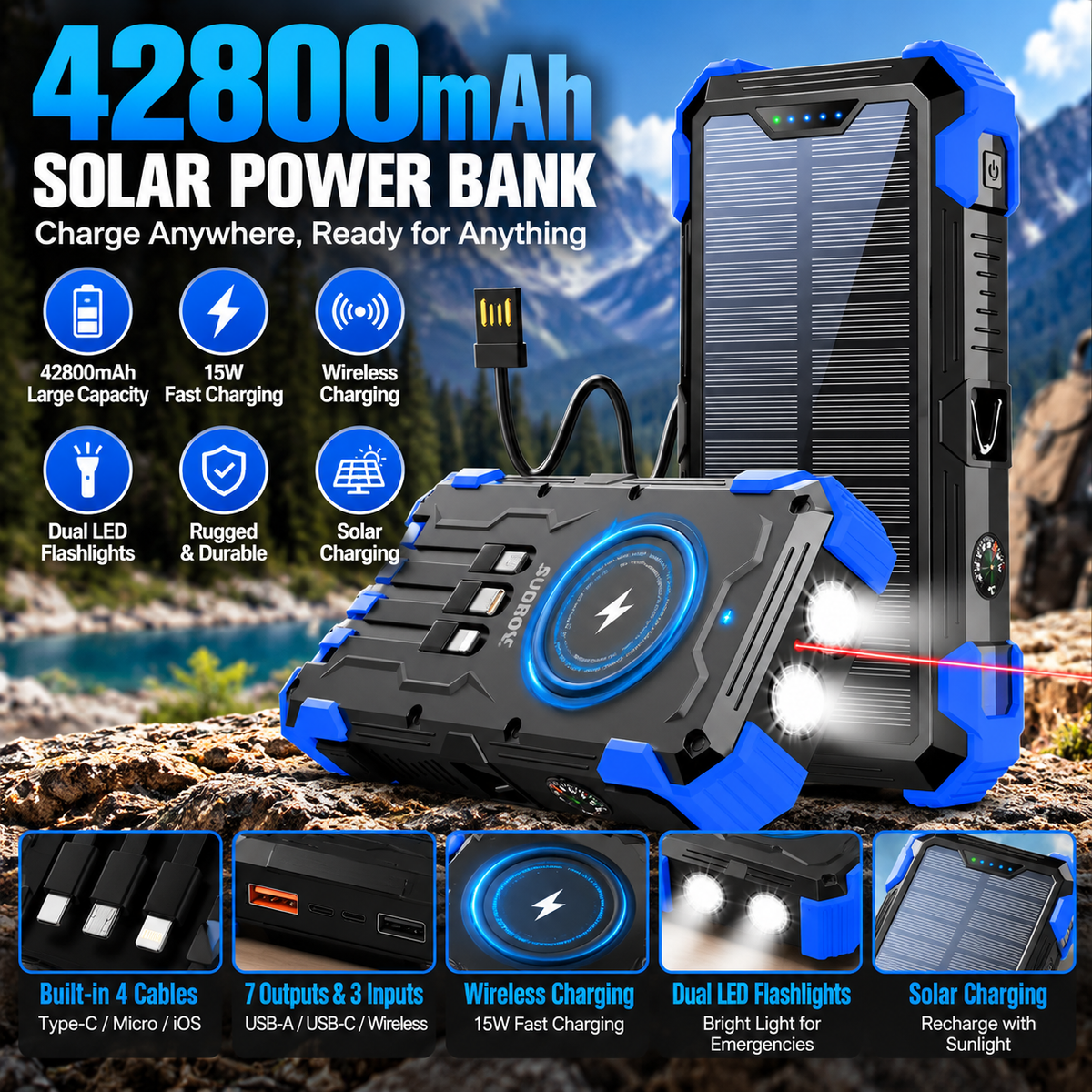 42800mAh Solar Power Bank with Wireless Charging & Built In Cables