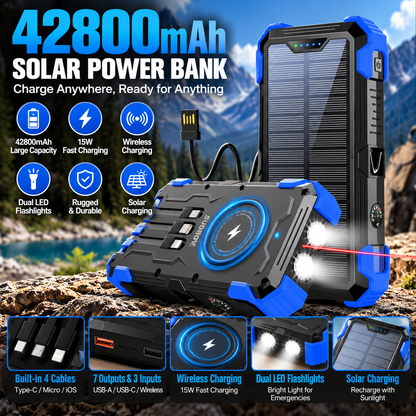 42800mAh Solar Power Bank with Wireless Charging & Built In Cables