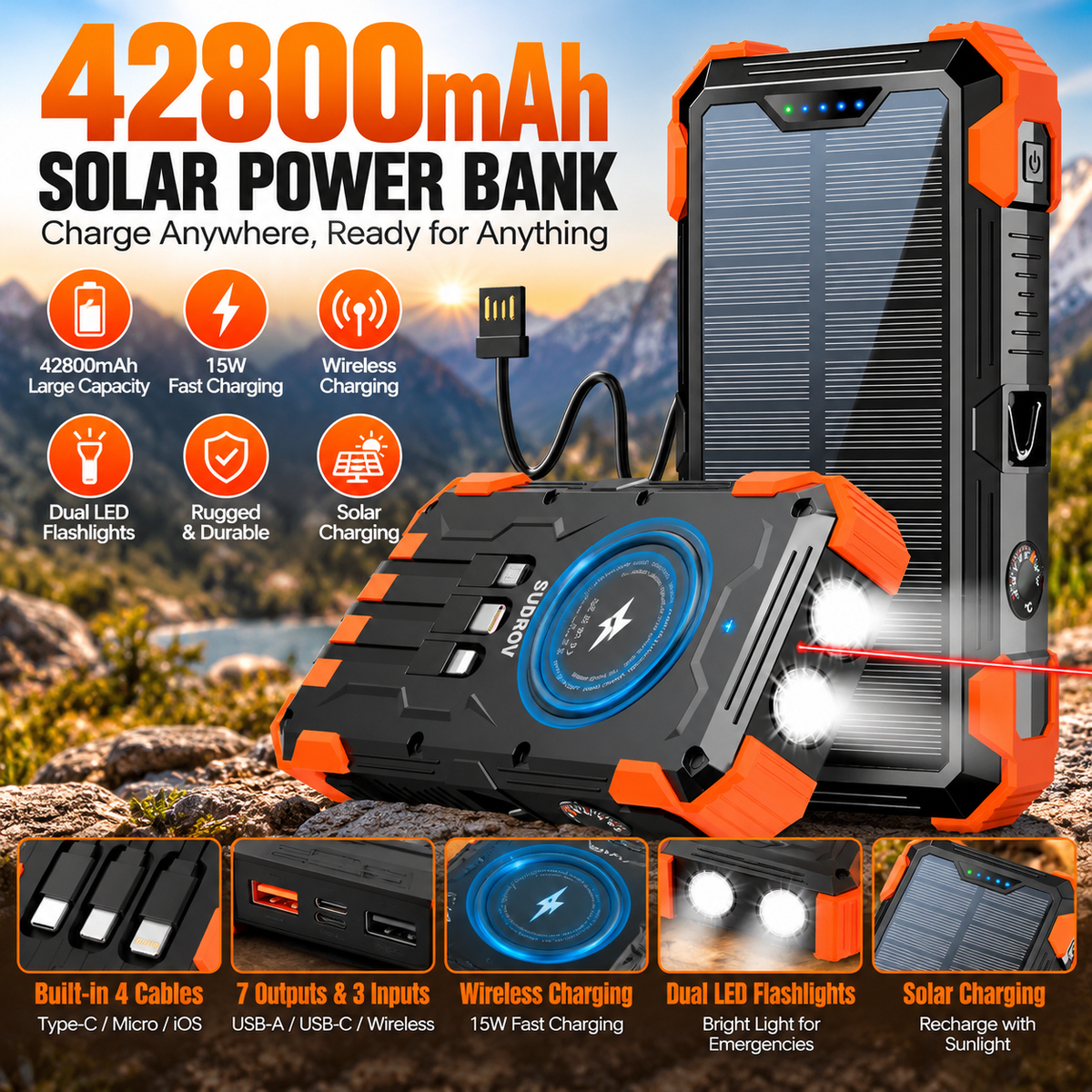 42800mAh Solar Power Bank with Wireless Charging & Built In Cables