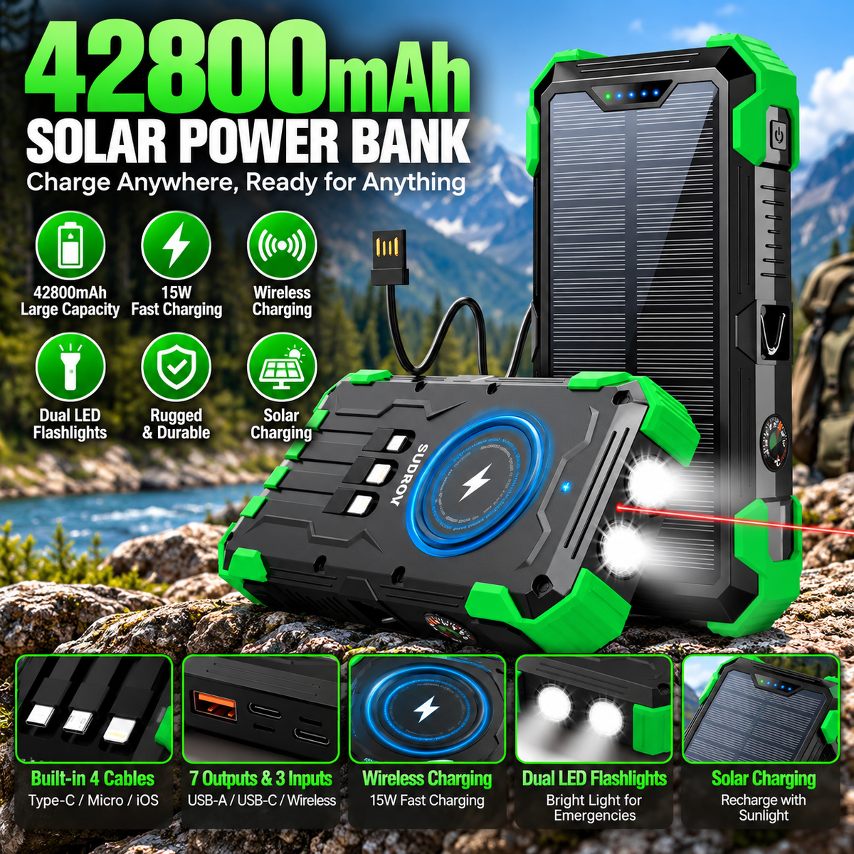 42800mAh Solar Power Bank with Wireless Charging & Built In Cables