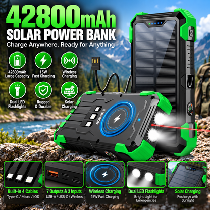 42800mAh Solar Power Bank with Wireless Charging & Built In Cables