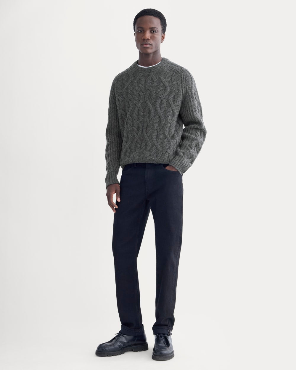 Cable Knit Crew in Luxe Merino | Heathered Soot