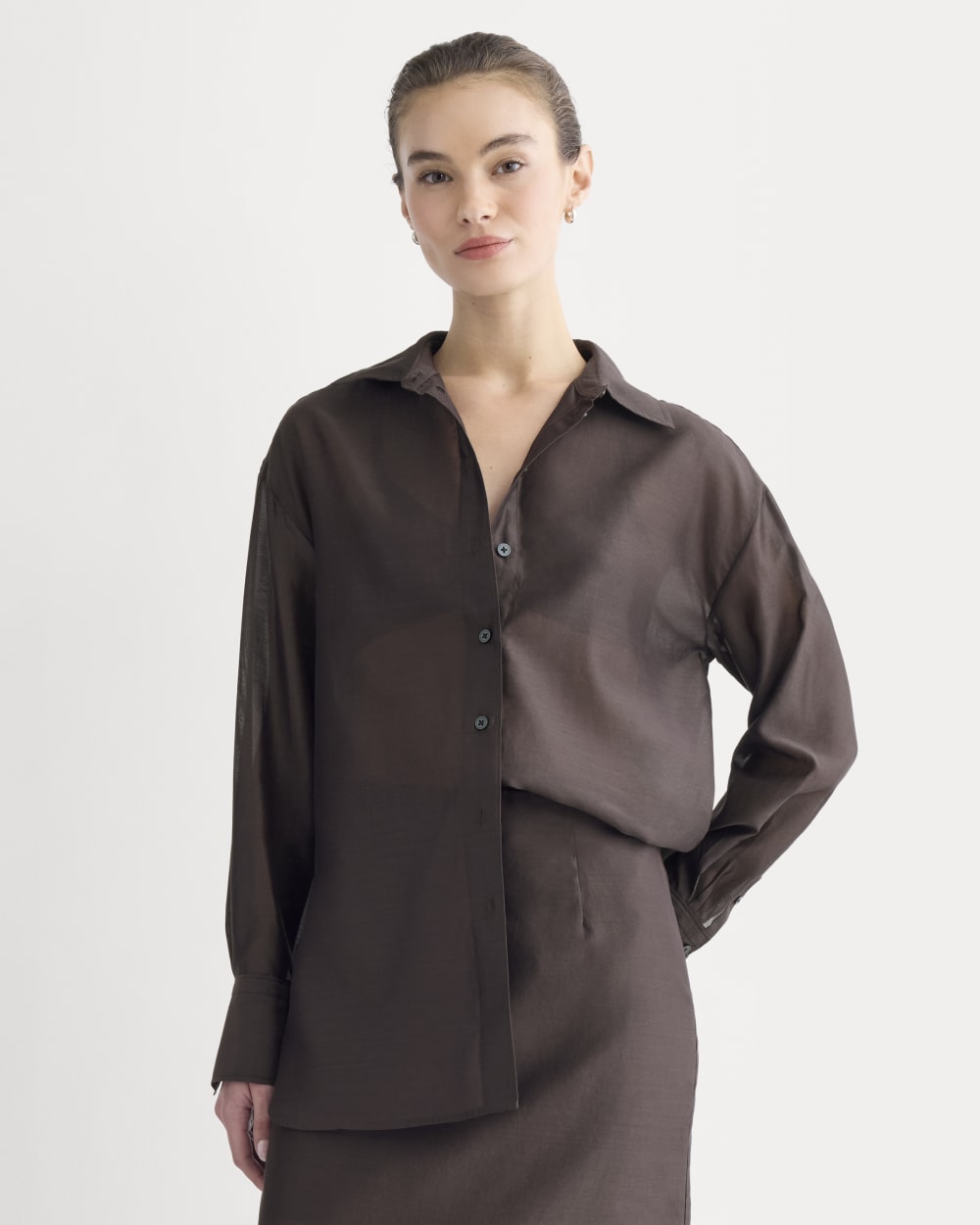 Oversized Shirt in Cotton-Silk Organza | Dark Chocolate