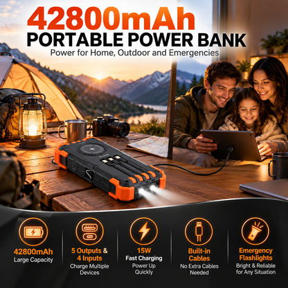 42800mAh Solar Power Bank with Wireless Charging & Built In Cables