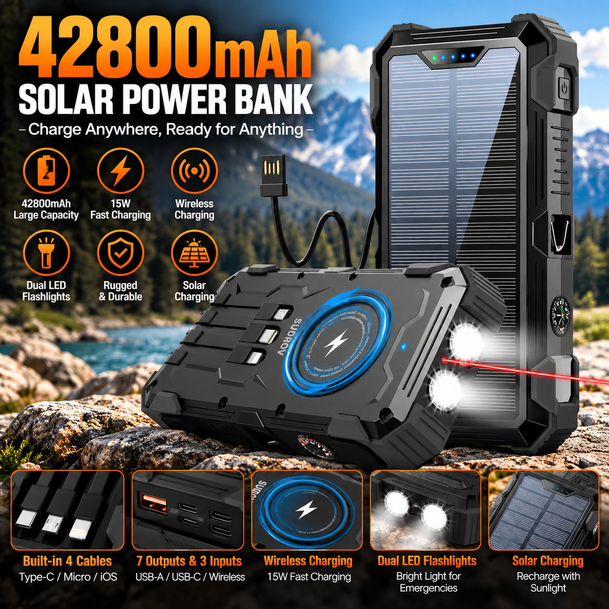 42800mAh Solar Power Bank with Wireless Charging & Built In Cables