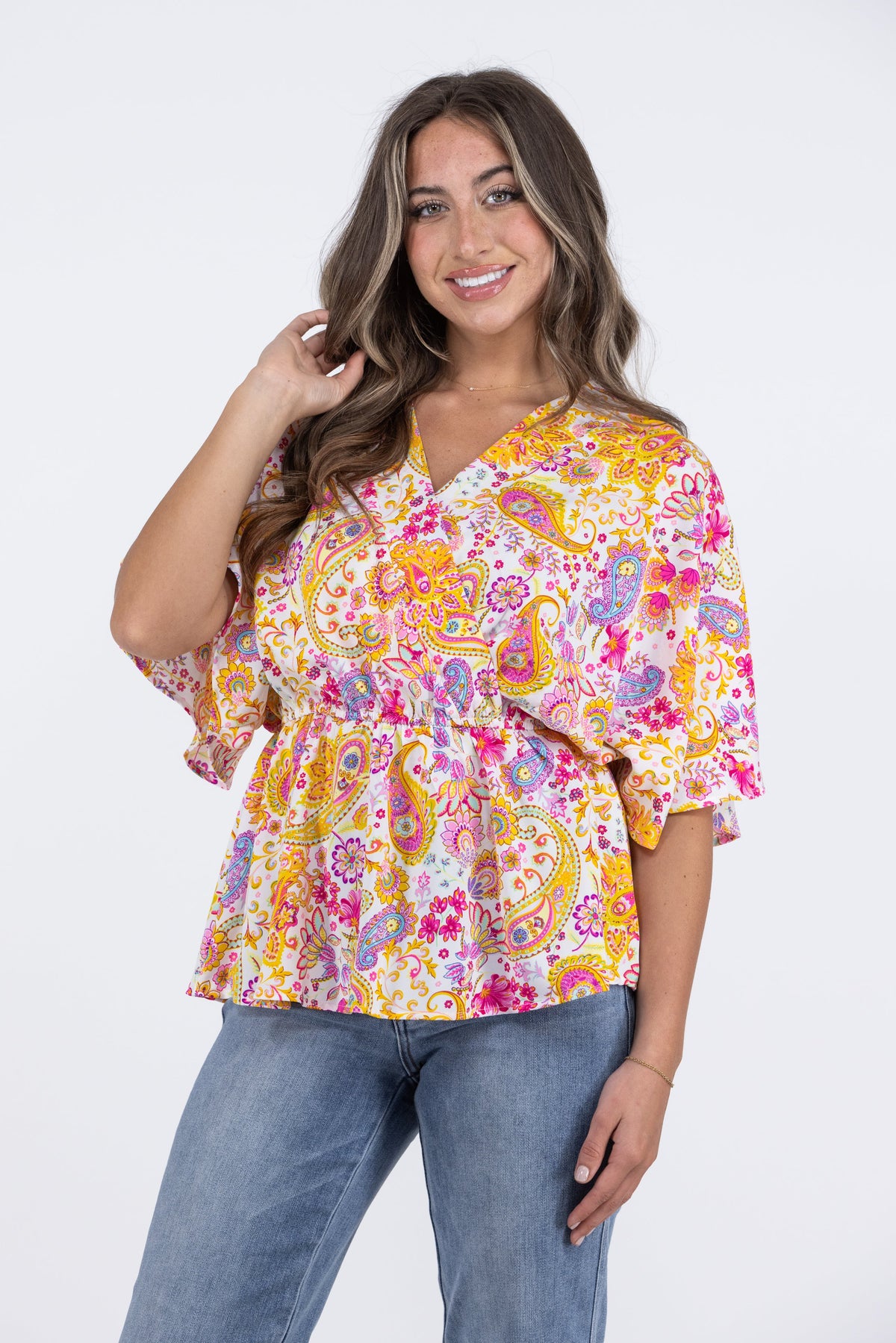 Making Dreams Come True Women's Paisley Dolman Sleeve Top