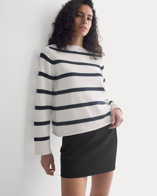 Striped Boatneck Sweater in Everyday Cotton | True Navy/Bone