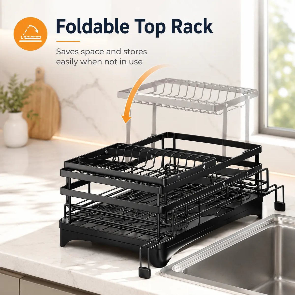 Space Saving Over Sink Dish Drying Rack with Expandable 2 Tier Organizer