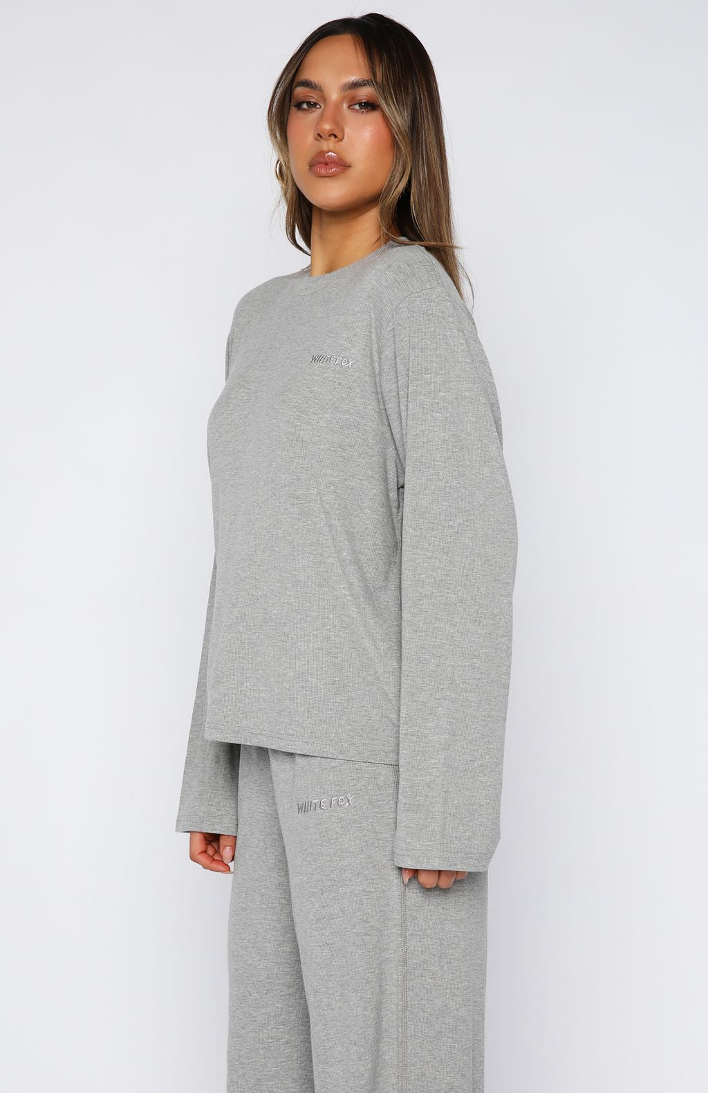 Come A Long Way Soft Lounge Long Sleeve Ribbed Tee Grey Marle