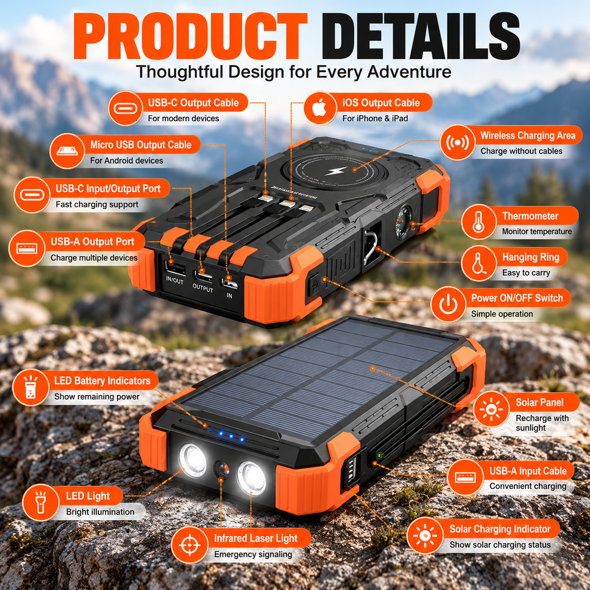 42800mAh Solar Power Bank with Wireless Charging & Built In Cables