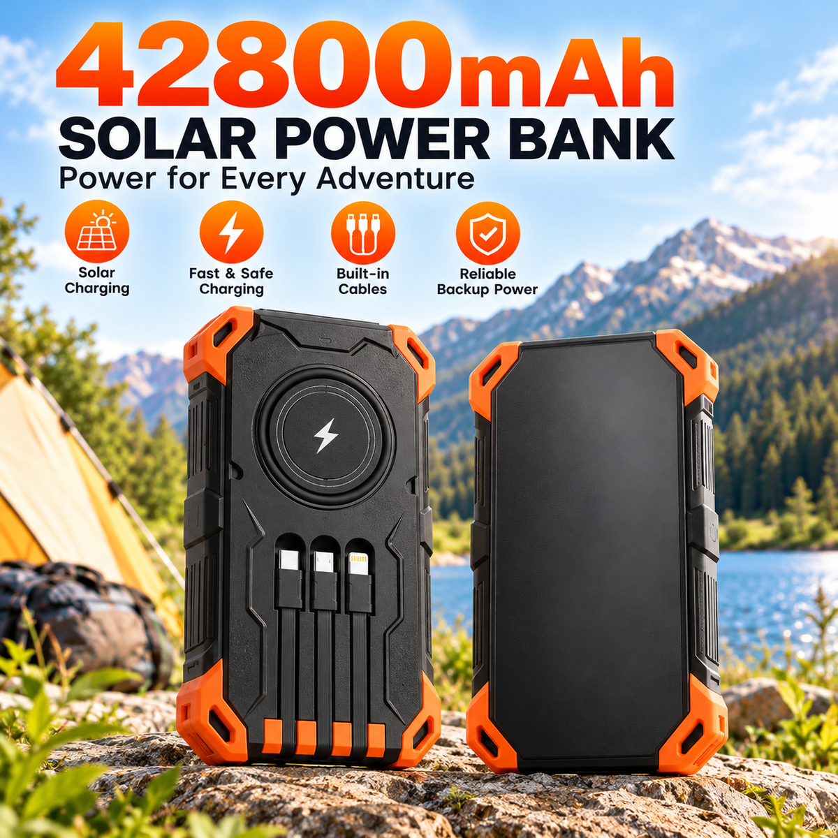 42800mAh Solar Power Bank with Wireless Charging & Built In Cables
