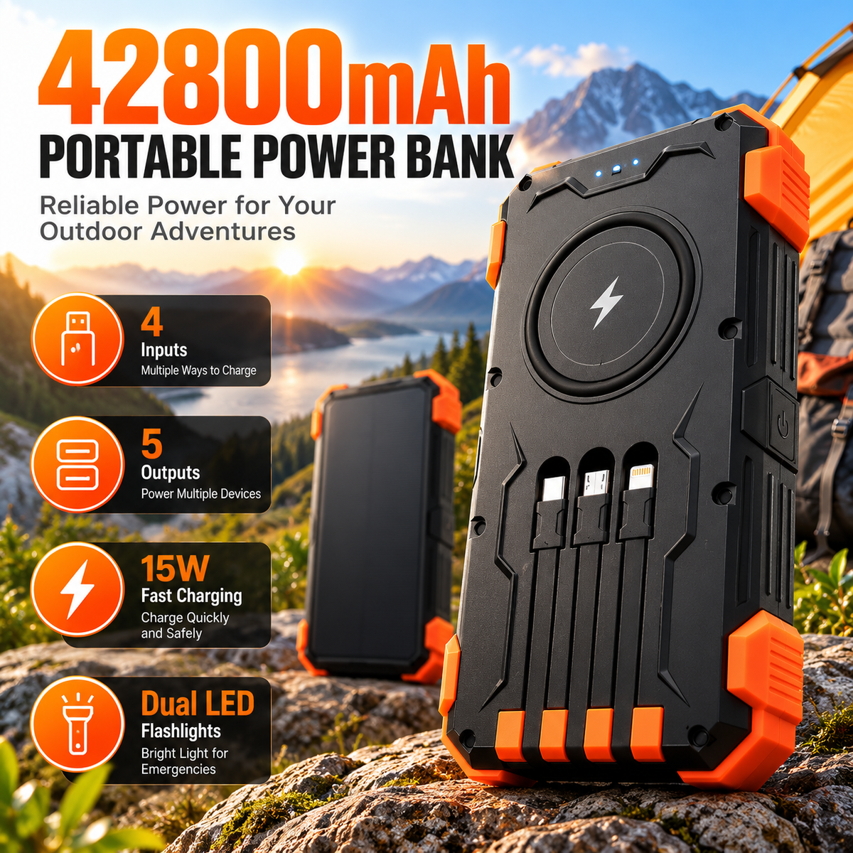 42800mAh Solar Power Bank with Wireless Charging & Built In Cables