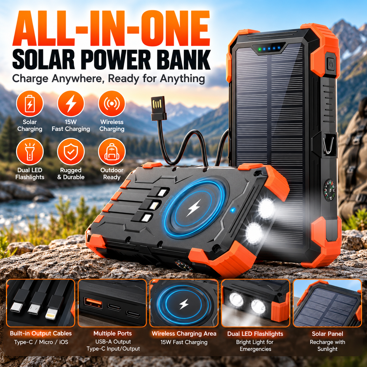 42800mAh Solar Power Bank with Wireless Charging & Built In Cables